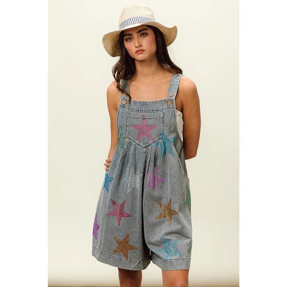 BiBi Star Pattern Rhinestone Washed Side Pockets Wide Leg Shortalls | Lt Denim - Picture 8 of 12